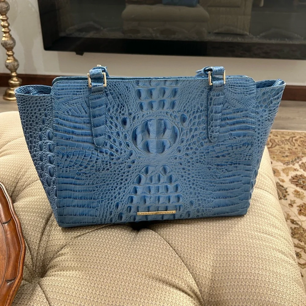 Brahmin Croc Embossed Tote Bag Blue  with Gold Hardware - Picture 3 of 13